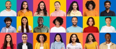 Çeşitli kültürel geçmişlerden gelen neşeli bireyler bir dizi ifade sunar, monokromatik arka planlar, somutlaştırıcı çeşitlilik, stüdyo, panorama