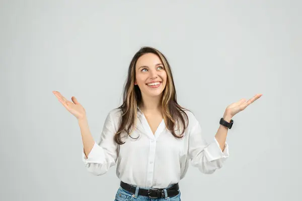 Upbeat Smiling European Young Woman White Blouse Blue Jeans Raising — Stock Photo, Image