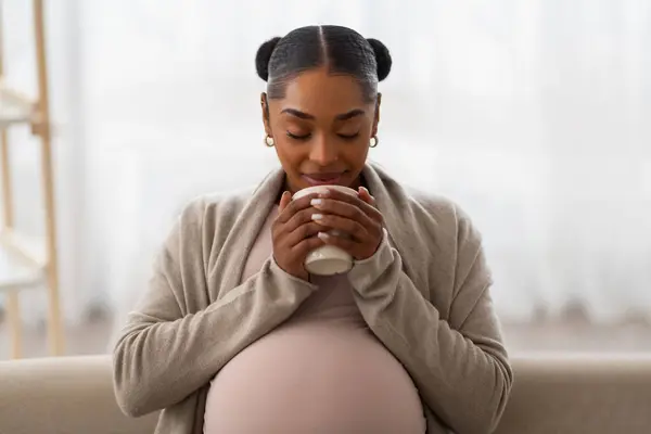 幸せな陽気な若いアフリカ系アメリカ人妊娠中の女性が自宅でソファーで冷やし マグカップを抱き ココアやホットミルクを飲んで スペースをコピーします 楽しい妊娠 妊娠のコンセプト — ストック写真