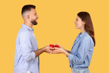 Neşeli kadın, gülümseyen, sevgi dolu adamdan küçük kırmızı kurdeleli bir hediye alır. İkisi de kalpten hediye verme ve takdir etme anından zevk alır. Sarı arka plan.