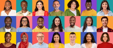 Değişik bin yıllık gülümseyen yüzlerden oluşan canlı bir kolaj, canlı renkli paneller, stüdyo, panorama karşısında insan çeşitliliğinden ve duygudan oluşan zengin bir duvar halısı sergiliyor.