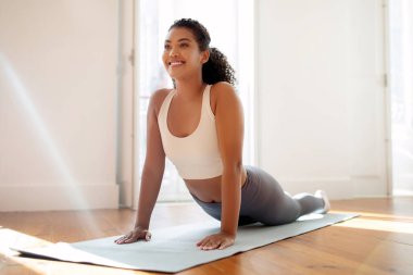 Minder üzerindeki Millennial Lady, yoga asana 'sına doğru eğiliyor, gülümseyerek yukarı bakan köpek pozu veriyor, oturma odasının huzurlu arka planının ortasındaki fitness' e odaklanıyor.