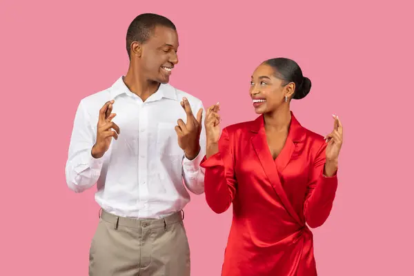 Joyful Black Man Shirt Delighted Woman Dress Crossing Fingers Good — Stock Photo, Image