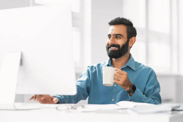 Confident Indian Man Beard Holding White Mug Coffee Smiling Uses — Stock Photo, Image