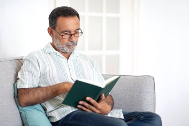 Olgun Adam kitapla dinleniyor. Evde, koltukta oturup huzur içinde kitap okuyor. Emekliler roman okur, gözlük takar, hafta sonları dinlenir. Kitap kurdu, Bilgi Konsepti