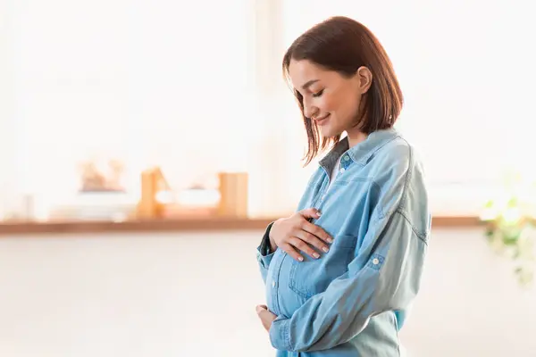 Pregnancy Lifestyle. Young pregnant lady looks forward to motherhood, posing with hands tenderly holding belly as she stands relaxed in cozy living room near window, side view, empty space