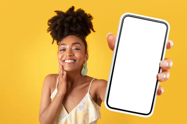 Smiling Young African American Woman Dress Showing Big Phone White — Stock Photo, Image