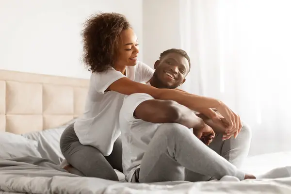Romantic Morning Smiling Black Young Couple Enjoying Romance Intimacy Modern — Stock Photo, Image
