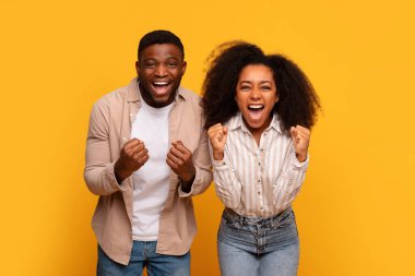 Coşkulu Afrika kökenli Amerikalı erkek ve kadın yumrukları heyecanla sımsıkı sarılmış, başarıyı canlı sarı arka plana karşı birlikte kutluyorlar, mutluluk dolu.