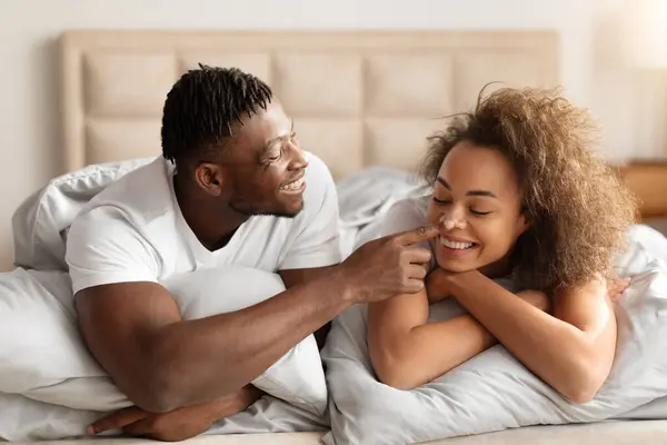 Romantic Morning Loving Black Young Man Touching Wifes Nose Lying — Stock Photo, Image