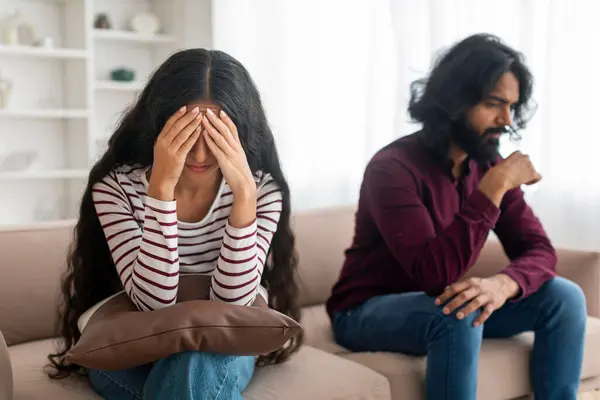 Frustrated Young Indian Couple Sitting Couch Quarrel Home Unhappy Millennial — Stock Photo, Image