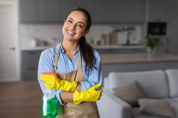 Happy Young Woman Equipped Rubber Gloves Spray Bottle Crosses Her — Stock Photo, Image