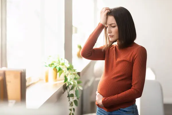 Young Pregnant Lady Suffering Migraine Headache Flu Symptoms Touching Aching — Stock Photo, Image