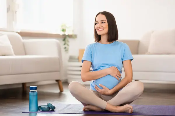Pregnant Lady Exercising Floor Hugging Tummy Enjoying Healthy Prenatal Yoga — Stock Photo, Image