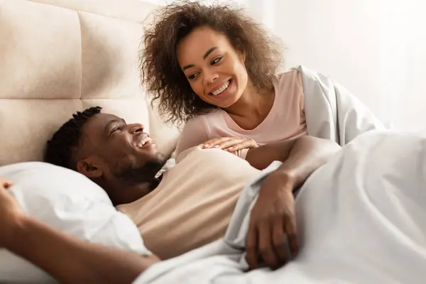 Loving Black Spouses Flirting Lying Cozy Bed Enjoying Romantic Morning — Stock Photo, Image