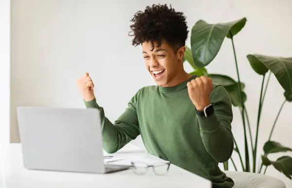 Joyful young black guy startuper celebrating success, sitting at desk, looking at computer laptop screen, clenching fists and exclaiming, got good news, cozy modern office interior. Entrepreneurship