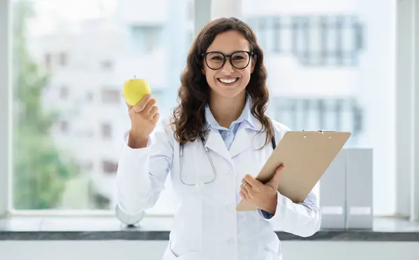 Cheerful European Young Woman Wearing Medical Coat Eyeglasses Doctor Dietician — Stock Photo, Image