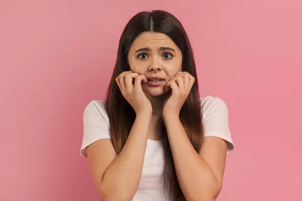 Stressed Teen Girl Touching Face Hands Looking Camera Scared Emotional — Stock Photo, Image