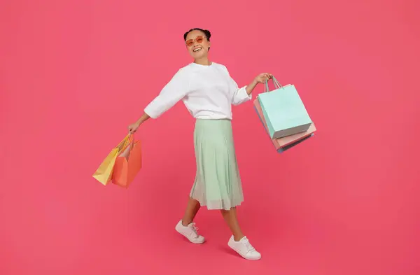 Seasonal Sales Concept Smiling Asian Woman Walking Shopping Bags Pink — Stock Photo, Image