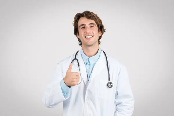 Happy Male Doctor Stethoscope His Neck Giving Thumbs Signifying Satisfaction — Stock Photo, Image