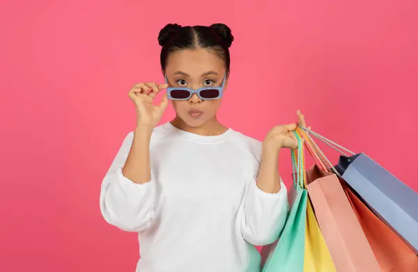 Beautiful Asian Female Bright Shopping Bags Adjusting Stylish Sunglasses Young — Stock Photo, Image