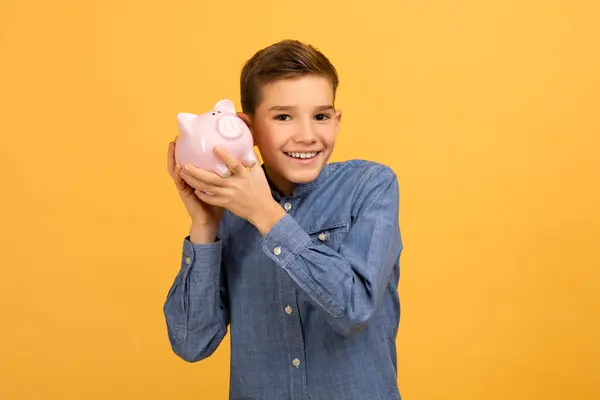 Happy Teen Boy Holding Pink Piggy Bank Hands Cheerful Male — Stock Photo, Image