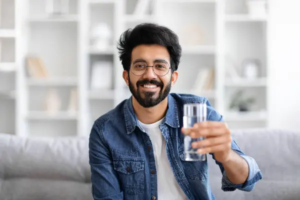 Cheerful Young Indian Man Denim Jacket Holding Glass Water Smiling — Stock Photo, Image