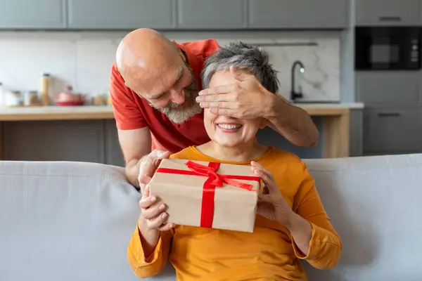 Pleasant Surprise Loving Senior Man Covering Wifes Eyes Giving Gift — Stock Photo, Image