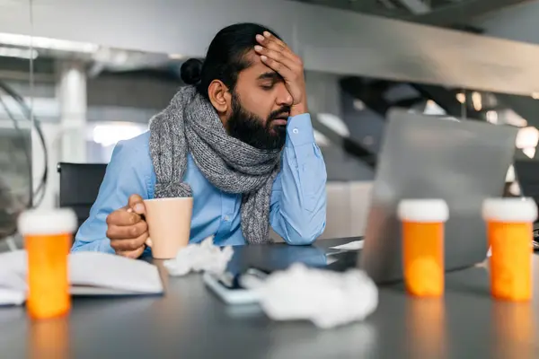 Exhausted Sick Millennial Indian Man Wearing Warm Knitted Scarf Neck — Stock Photo, Image