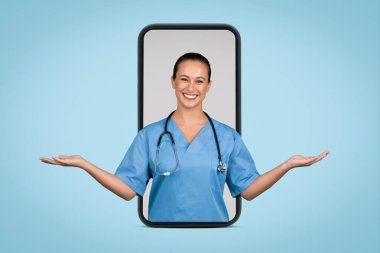 Akıllı telefonun çerçevelediği önlüklü mutlu hemşire, hoş geldin jestinde elleri açık, tele-sağlık veya çevrimiçi tıbbi konsültasyonu sembolize ediyor, mavi arka plan