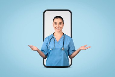 Avuç içi açık jestleri olan kadın doktor mavi arka planda dev bir telefon ekranında, ulaşılabilir teletıp sağlık hizmetlerini, ücretsiz alanı simgeliyor.