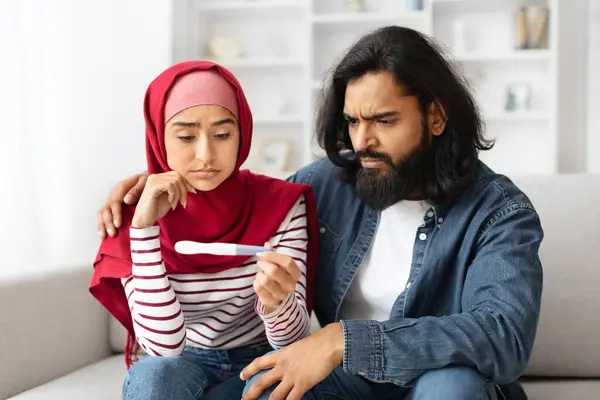 Infertility Problems Portrait Upset Young Muslim Couple Looking Negative Pregnancy — Stock Photo, Image