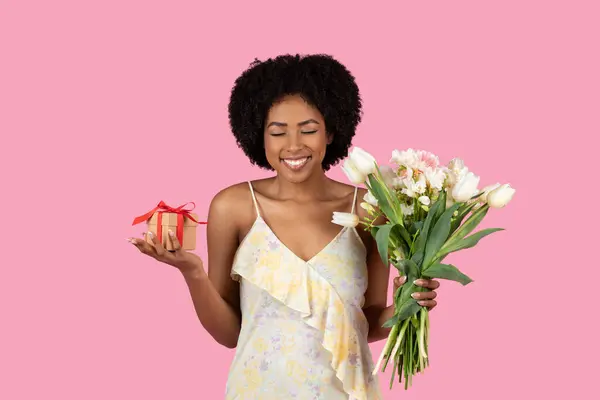 Spirited Glad Millennial African American Woman Curly Hair Blissfully Holding — Stock Photo, Image