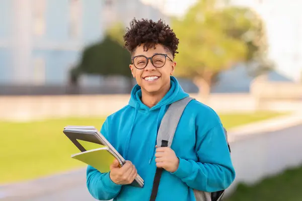Portrait Smiling Brazilian Student Guy Blue Hoodie Posing Backpack Workbooks — Stock Photo, Image