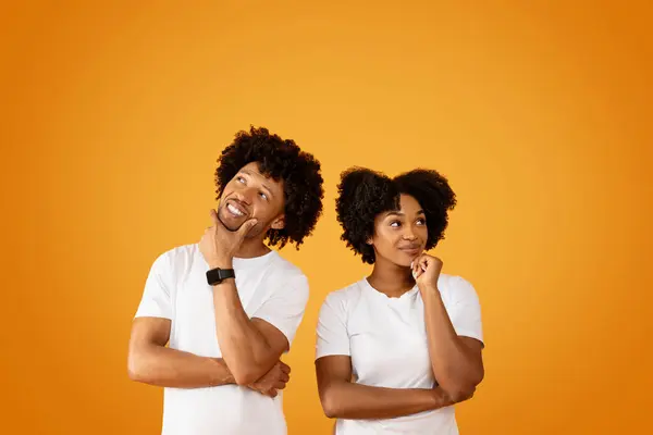 Pensive curious millennial african american man and woman checking exciting offer, standing back to back, touching their chins and looking aside, orange studio background