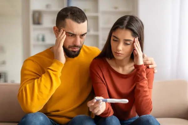 Portrait Upset Young Spouses Looking Negative Pregnancy Test Suffering Infertility — Stock Photo, Image