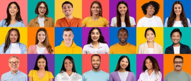 Çok canlı bir vesikalık fotoğraf koleksiyonu farklı yaş ve etnik kökenlere sahip farklı bireyler sergiliyor, hepsi renkli bir arkaplan, stüdyo, panorama karşısında gülümsüyor. Video çağrısı