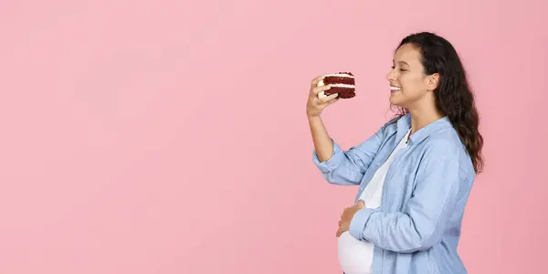 Glad Millennial Pregnant Woman Holding Piece Cake Eating Sweets Isolated — Stock Photo, Image