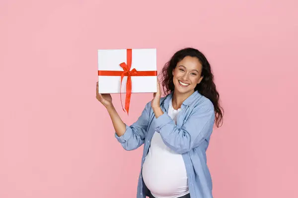 Baby Shower Cheerful Young Pregnant Woman Casual Big Belly Shows — Stock Photo, Image