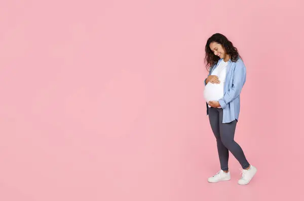 Happy Pregnancy Concept Positive Millennial Expecting Lady Embracing Her Big — Stock Photo, Image