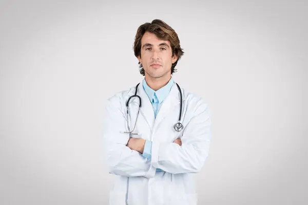 Professional Male Doctor Wavy Hair Wearing White Lab Coat Stethoscope — Stock Photo, Image