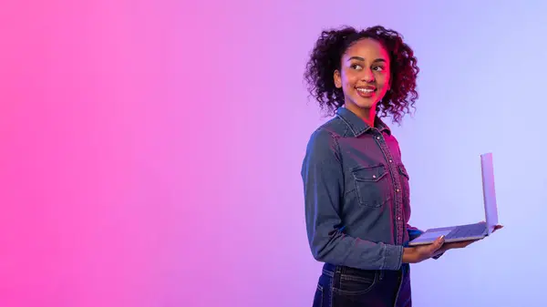 Confident Black Lady Denim Curly Hair Holding Laptop Looking Copy — Stock Photo, Image