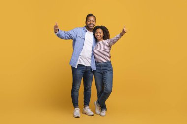 Harika seçim. Kameraya işaret eden mutlu siyah çift portresi, neşeli Afro-Amerikan erkek ve kadın, sarı arka planda yan yana dururken onaylama işareti gösteriyorlar.