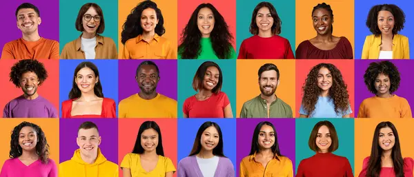 Colorful Collection Headshots Showcases Diverse Group Individuals Each Beaming Joy — Stock Photo, Image