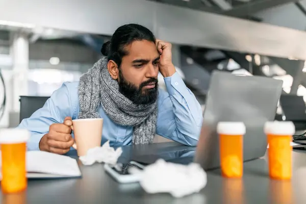 Exhausted Sick Young Indian Guy Employee Warm Scarf His Neck — Stock Photo, Image