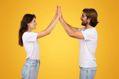 Hevesli Avrupalı genç çift, başarı ya da uzlaşma anını kutlarken, coşkulu sarı bir arka plana karşı, pozitif ve takım çalışması yayarak, birbirlerine beşlik çakıyor.