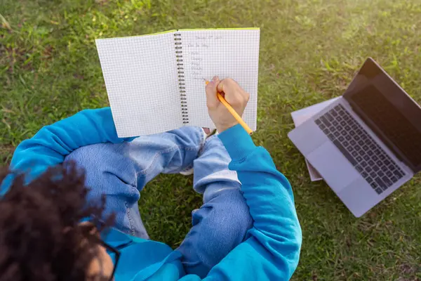 Rear view of black student guy writing his academic schedule sitting with laptop on grass, studying outdoors at university campus park, planning lessons in workbook, high angle
