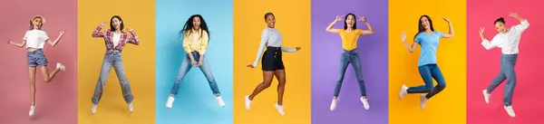 Vielfältige Multiethnische Junge Frauen Die Positive Emotionen Ausdrücken Während Sie — Stockfoto