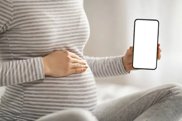 Aplikacja Ciążowa Nierozpoznawalna Ciężarna Kobieta Demonstrująca Smartfon Białym Ekranem Polecająca — Zdjęcie stockowe