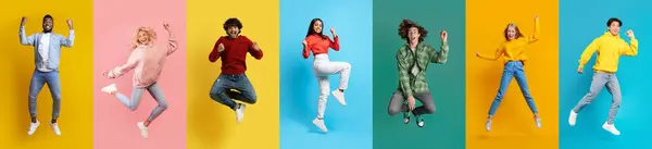 Collage Met Positieve Multiraciale Jongeren Springen Kleurrijke Studio Achtergronden Vrolijke — Stockfoto